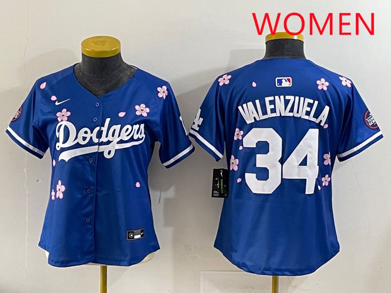 Women Los Angeles Dodgers #34 Valenzuela Blue Sakura Edition 2025 Nike MLB Jersey style 31->women mlb jersey->Women Jersey
